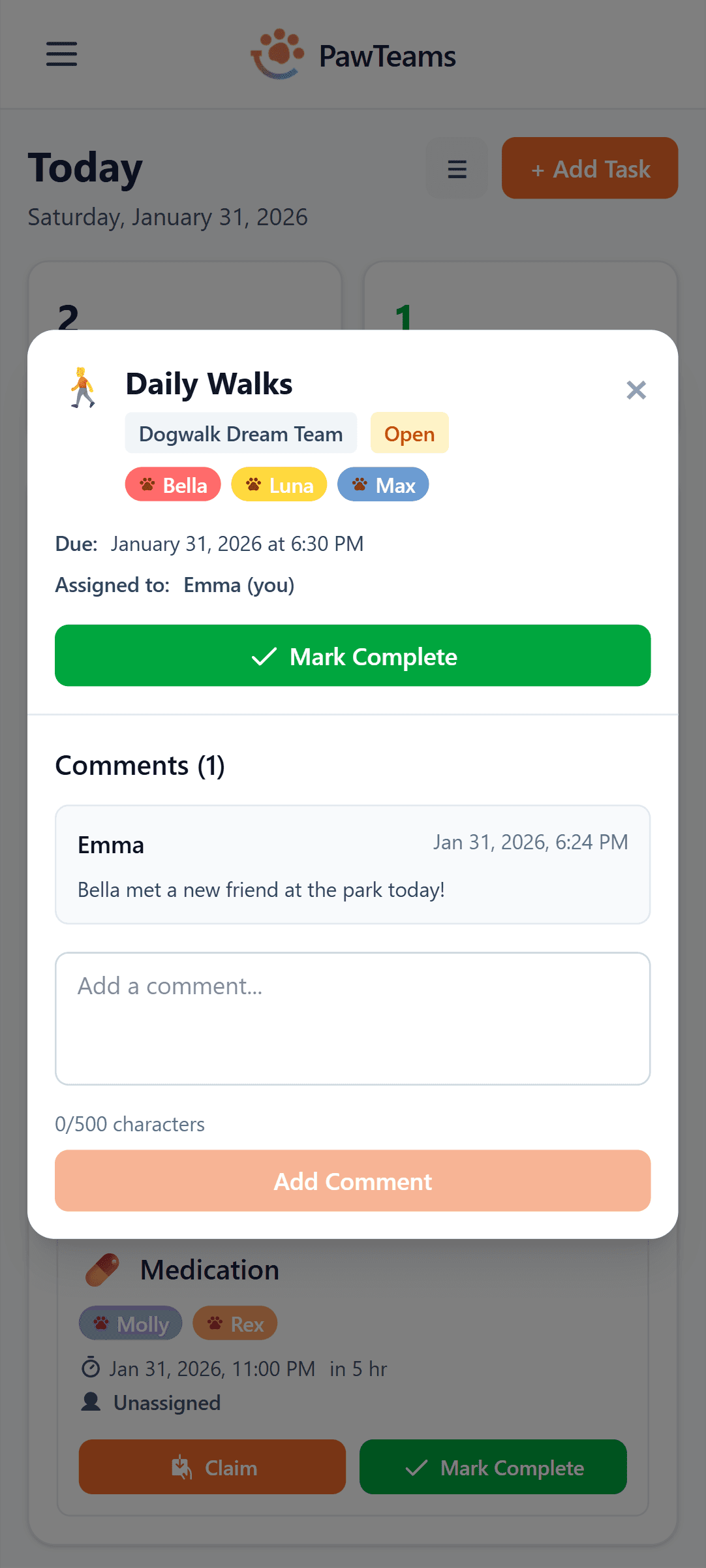PawTeams mobile app showing task completion screen