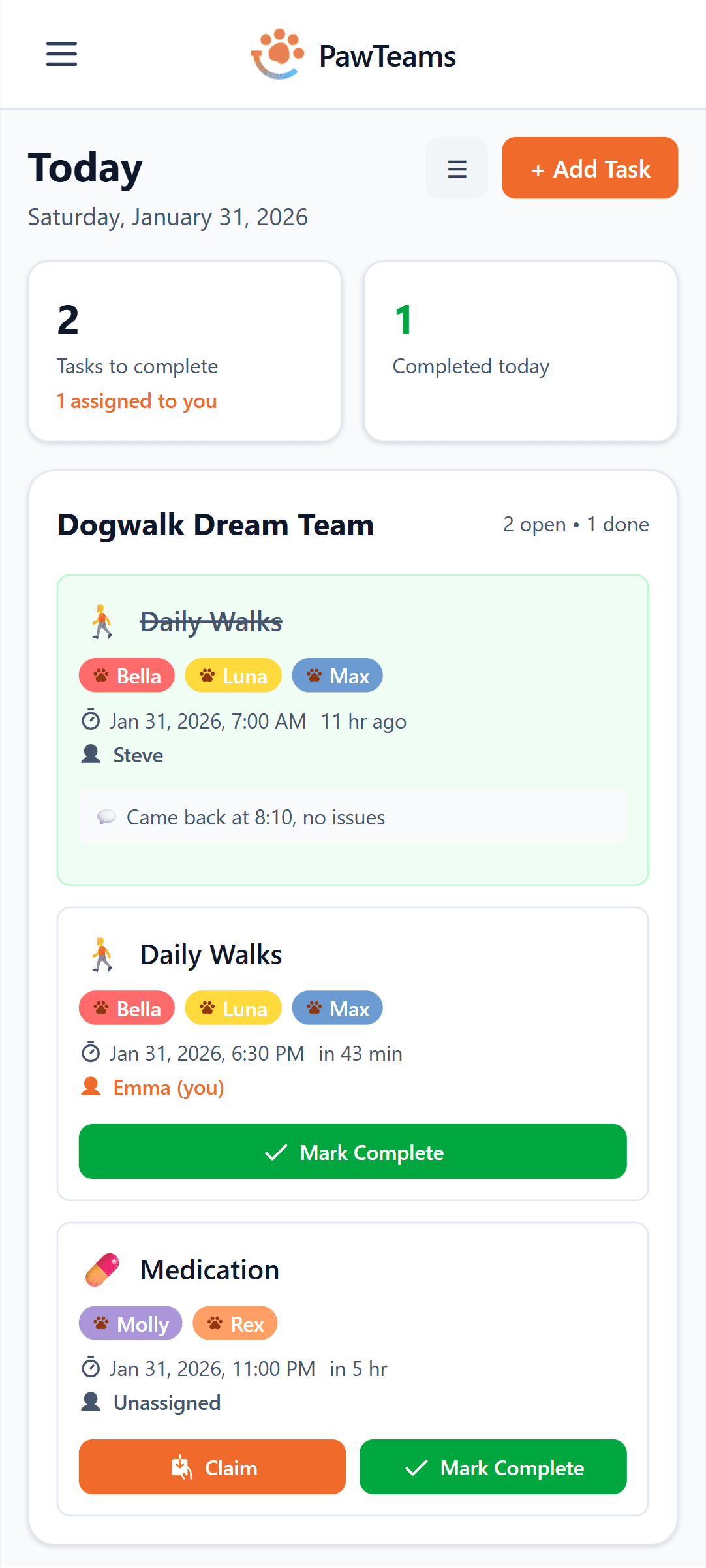PawTeams mobile app showing task completion screen